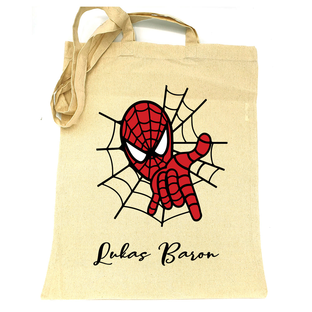 Sac en tissu 100% coton grand tote bag cabas en jute pour enfant adulte à personnaliser avec le prénom nom Motif Spiderman